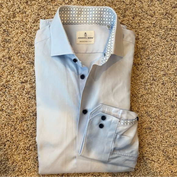 EMANUEL BERG Modern Fit Shirt Mens M 15 3/4 40 Blue Solid Dress Shirt Poland - Picture 6 of 9